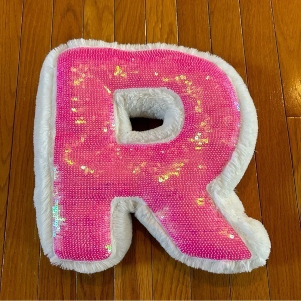 Justice Stuffed R Decorative Pillow Plush Faux Fur White And Hot Pink Sequin